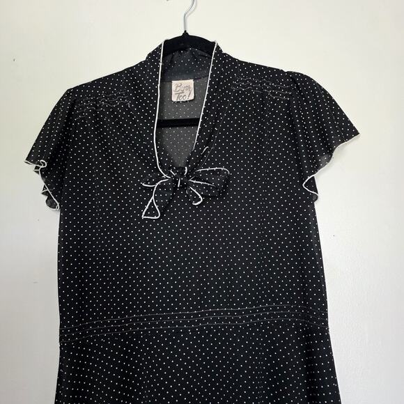 Vtg Polka Dot Dress Women M Black White Byer Too 80s Pinup Retro Picnic Tie Neck - Picture 5 of 11